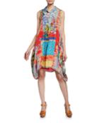Sky Mix-print Sleeveless A-line Silk Twill Dress