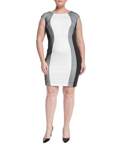 Mesh-panel Scuba Sheath Dress, Ivory/black,