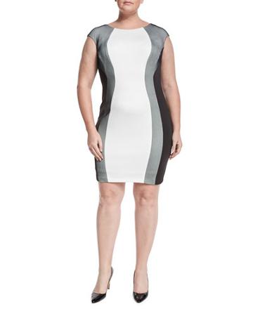 Mesh-panel Scuba Sheath Dress, Ivory/black,