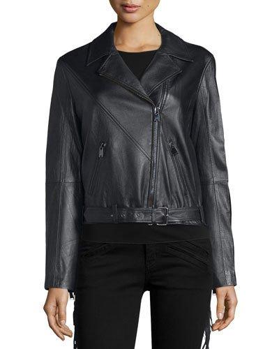 Lamb Leather Lace Up Fringe Jacket, Black