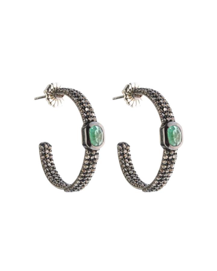 Silver Hoop Earrings With Green Emerald & Diamonds