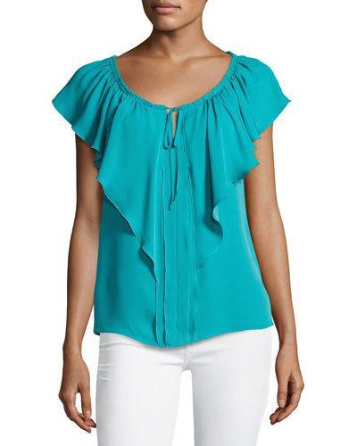 Venetta Short-sleeve Ruffled Silk Blouse, Aqua