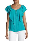 Venetta Short-sleeve Ruffled Silk Blouse, Aqua