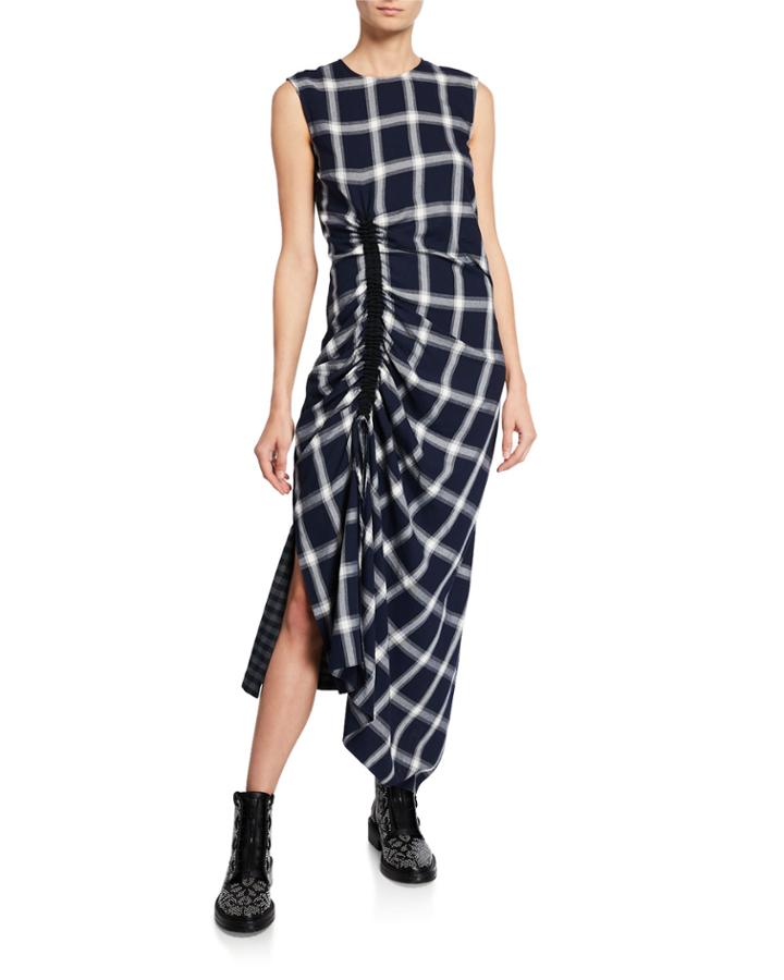 Wool-blend Checked Draped Drawstring Dress