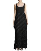 Sleeveless Jersey & Fringe Combo Gown, Black