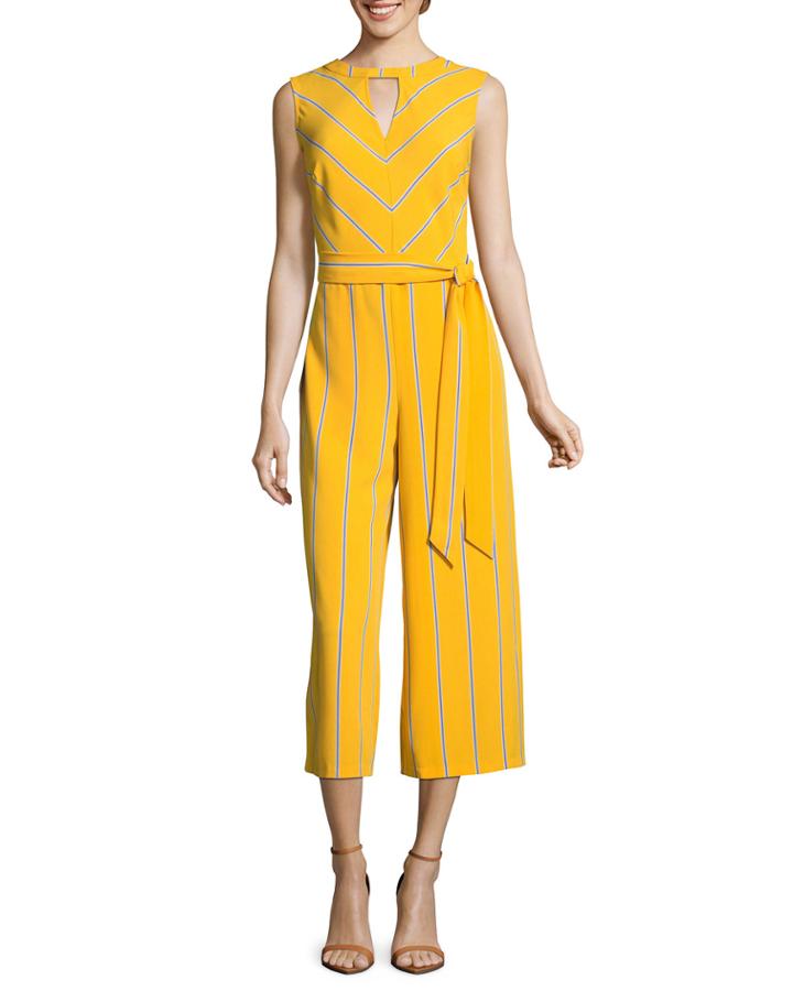Striped Crop-leg Belted Jumpsuit