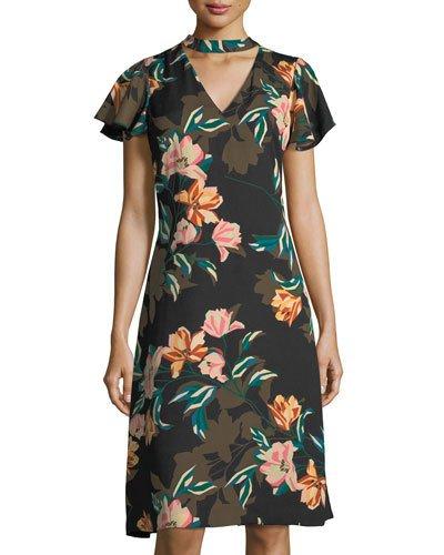 Choker-collar Floral-print Dress