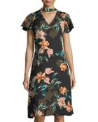 Choker-collar Floral-print Dress