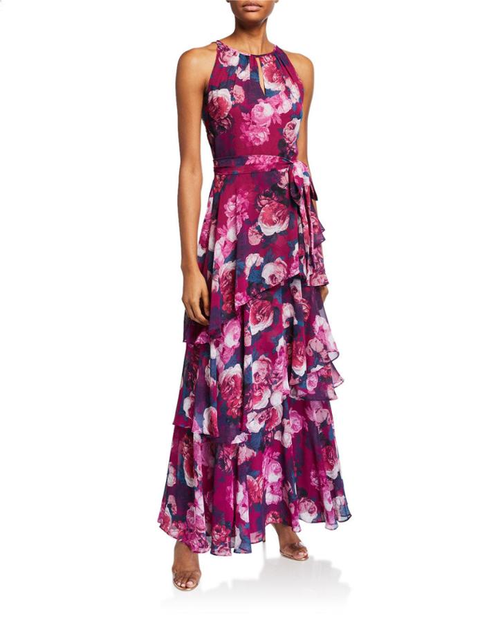 Floral-print Halter Chiffon Dress