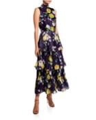 Neon Floral High-neck Sleeveless Tiered Liquid Organza Dress