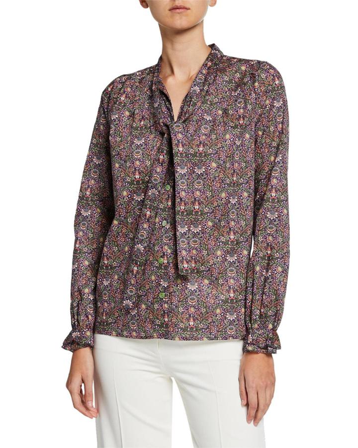Floral Tie-neck Long-sleeve Blouse