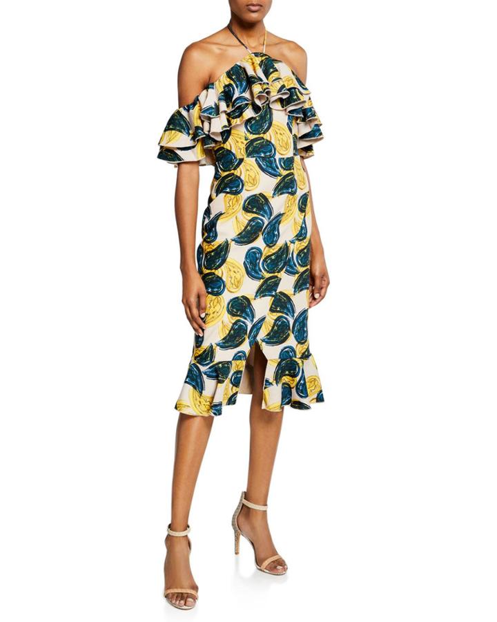 Temptation Paisley Ruffle Off-the-shoulder Halter Dress