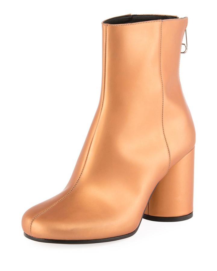 Metallic Leather Cylinder-heel Bootie, Brown