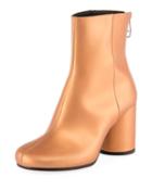 Metallic Leather Cylinder-heel Bootie, Brown