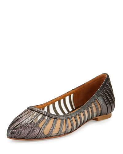 Kallie Mesh-inset Leather Flat, Pewter