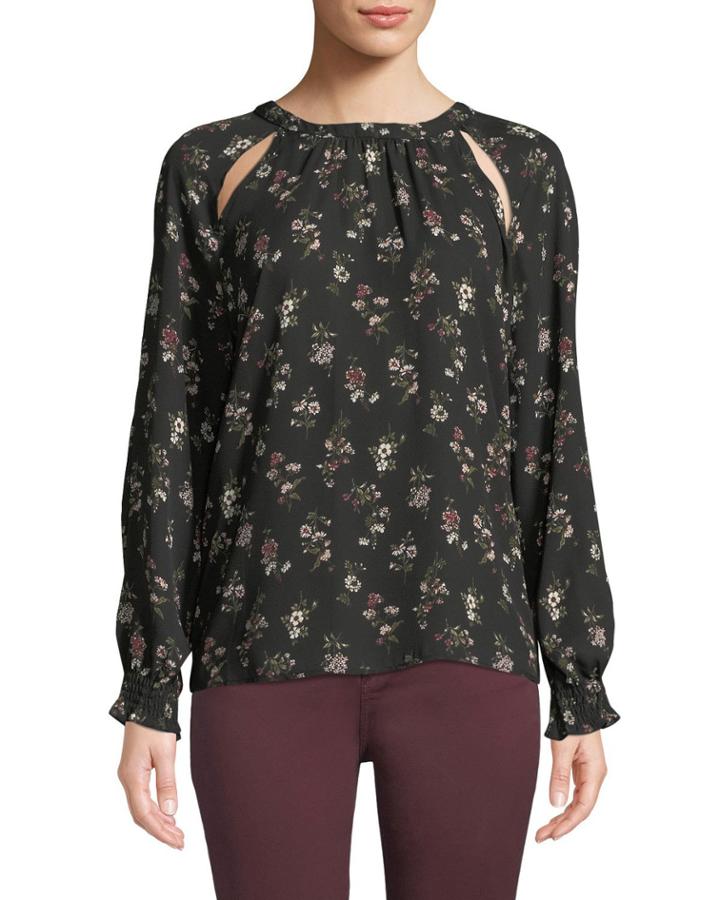 Kayla Smocked-cuff Floral Print Blouse