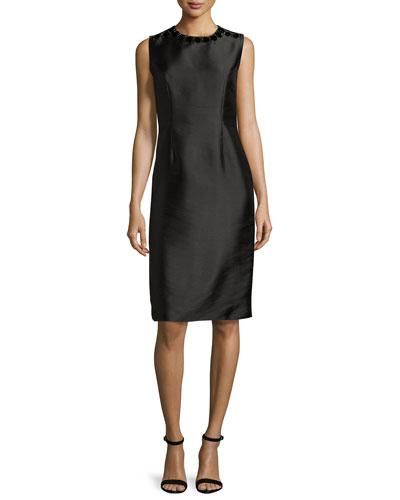 Sleeveless Embellished Taffeta Shift Dress, Black
