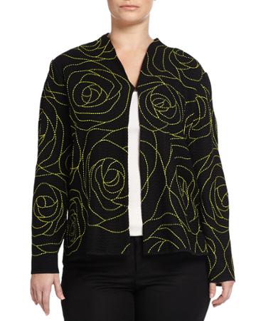 Ming Wang Plus Floral-embroidered Long-sleeve Knit Jacket, Black/lime, Women's,