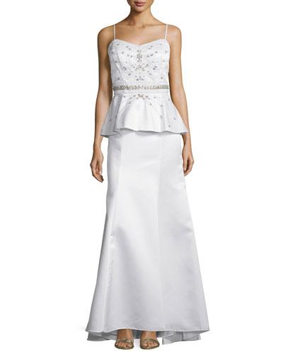 Sleeveless Peplum-waist Embellished Gown, White