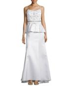 Sleeveless Peplum-waist Embellished Gown, White