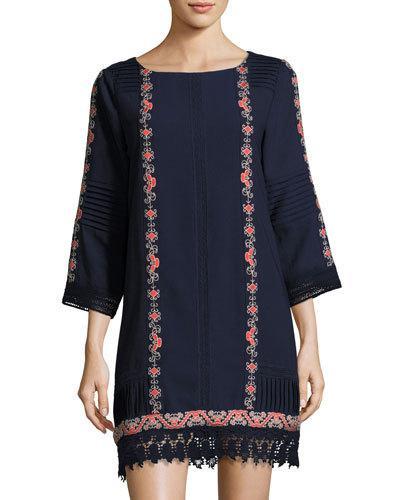 3/4-sleeve Embroidered Tunic, Blue Pattern
