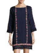 3/4-sleeve Embroidered Tunic, Blue Pattern
