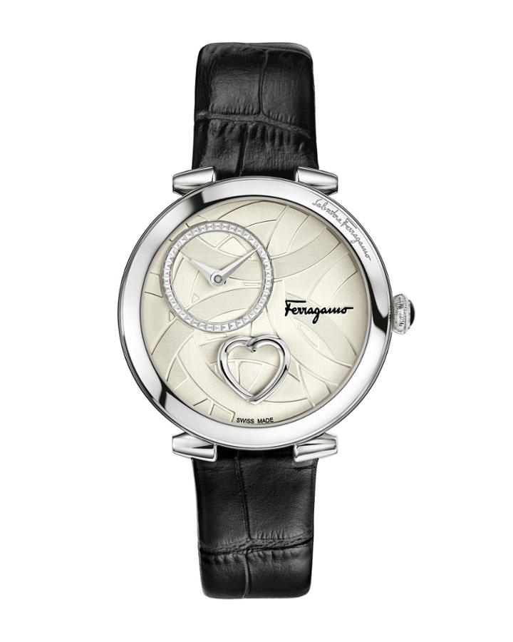Coure Ferrragamo 39mm Round Heart Watch With Black Croc-print