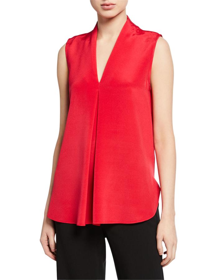 V-neck Stretch-silk High-low Shell W/ Pleat Detail