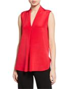 V-neck Stretch-silk High-low Shell W/ Pleat Detail