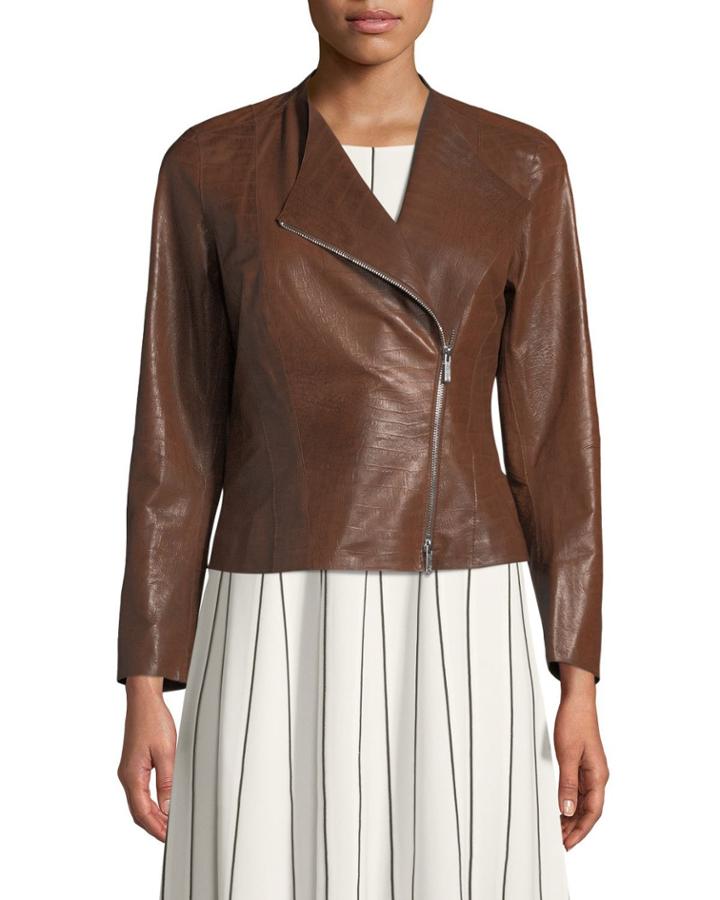 Brianna Embossed Lambskin Moto Jacket, Brown