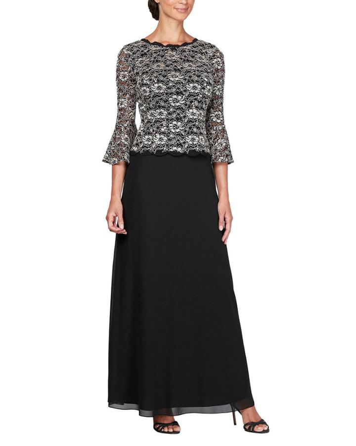 Floral Bodice 3/4-sleeve A-line Gown