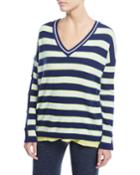 Stripe Cashmere Button-sleeve Sweater,