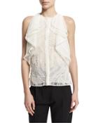 Sleeveless Ruffle-front Lace Blouse, Chalk