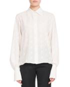 Long-sleeve Button-front Tonal Horse-print Silk Crepe De Chine Blouse