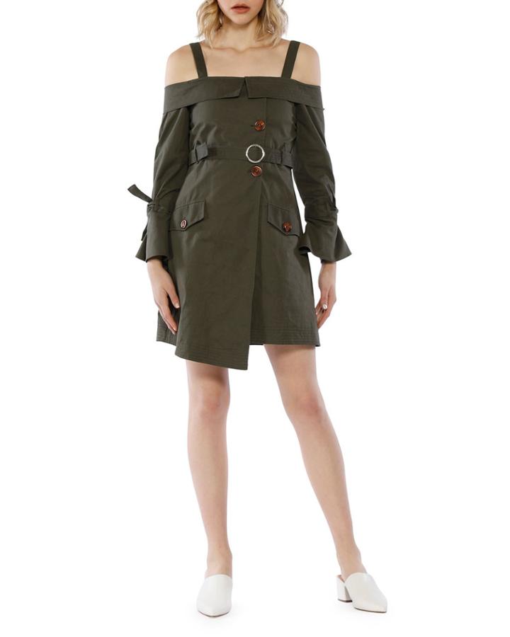 Brynn Cold-shoulder Bell-sleeve Belted Dress