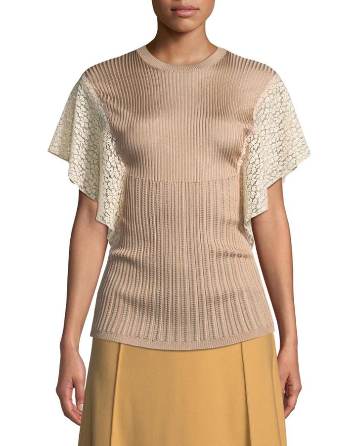 Crewneck Short Lace Flutter-sleeve Knit Top
