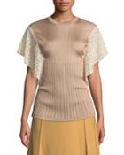 Crewneck Short Lace Flutter-sleeve Knit Top