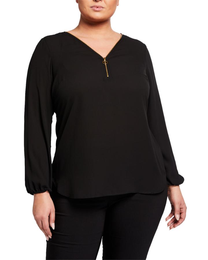 Plus Size Zip-neck Long-sleeve Top