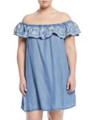 Off-the-shoulder Embroidered Chambray Dress,