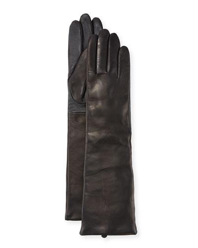 Cashmere-lined Long Leather Tech Gloves, Black