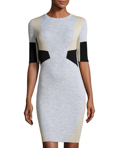 Hart Half-sleeve Bodycon Colorblock Dress, Pale Stone/porcelain White/black