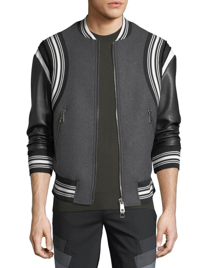 Wool Varsity Bomber Jacket W/ Faux-leather