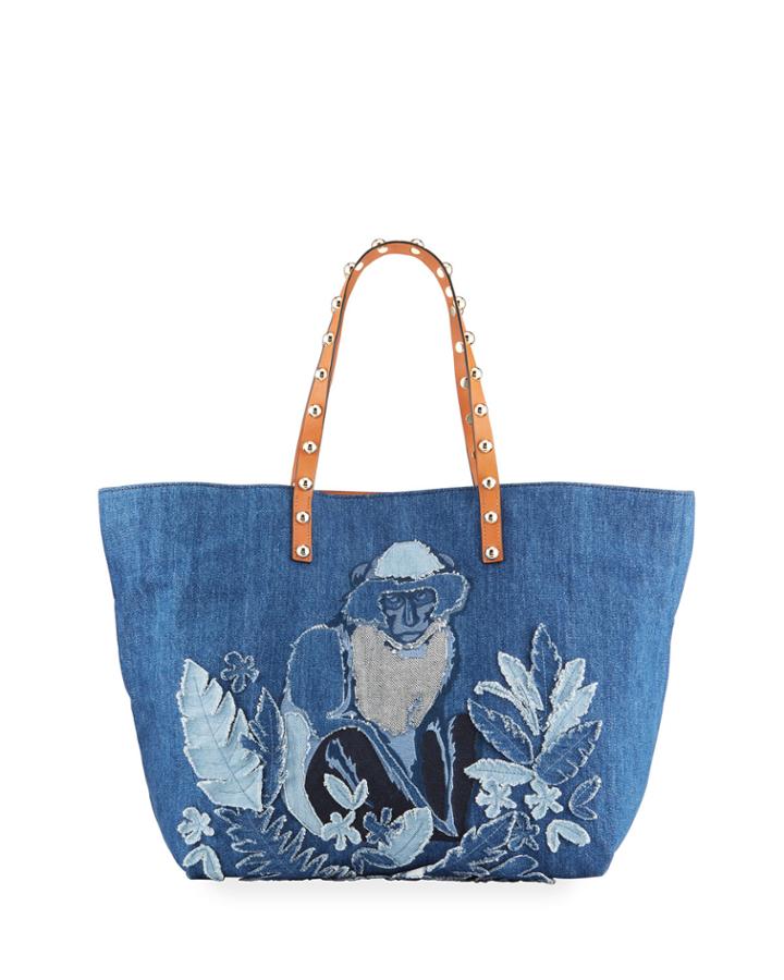 Monkey Embroidered Denim Tote Bag
