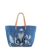 Monkey Embroidered Denim Tote Bag