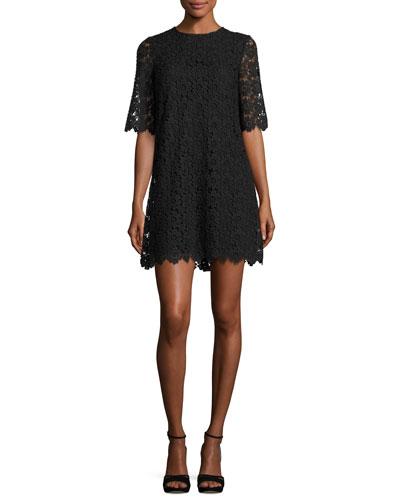 Short-sleeve Daisy Lace Shift Dress, Black
