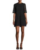 Short-sleeve Daisy Lace Shift Dress, Black