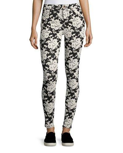 Floral-embroidered Skinny Jeans, Black