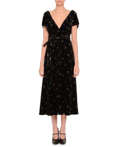 Short-sleeve Glitter Star-print Midi Dress, Black