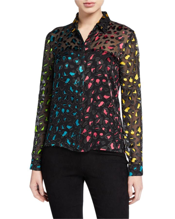 Willa Colorblock Animal-print Button-down Top