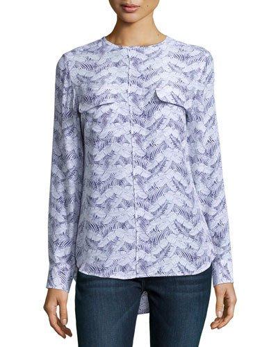 Lynn Leaf-print Silk Shirt, White Pattern